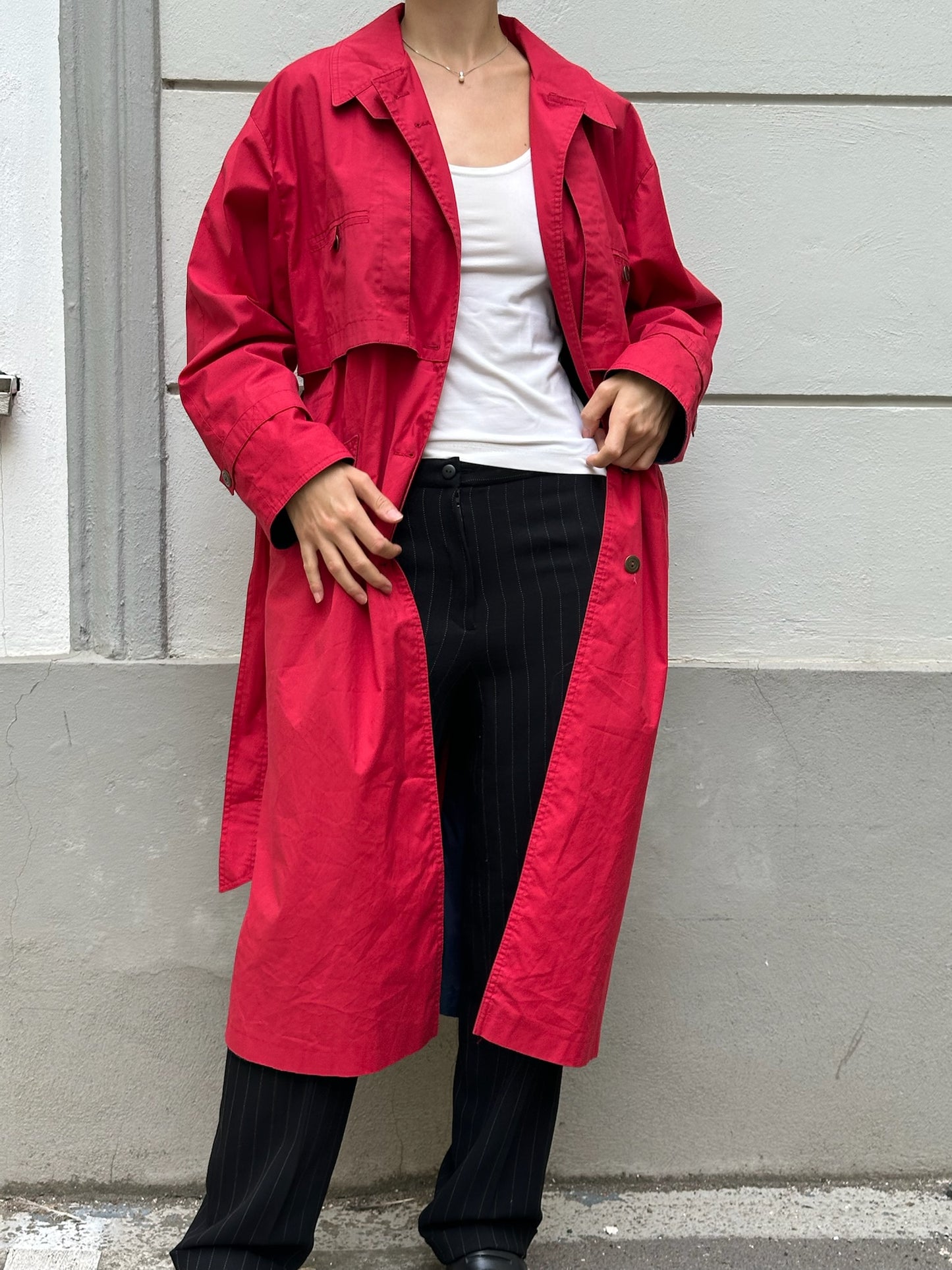 Vintage Bright Red Cotton Blend Trench Coat M