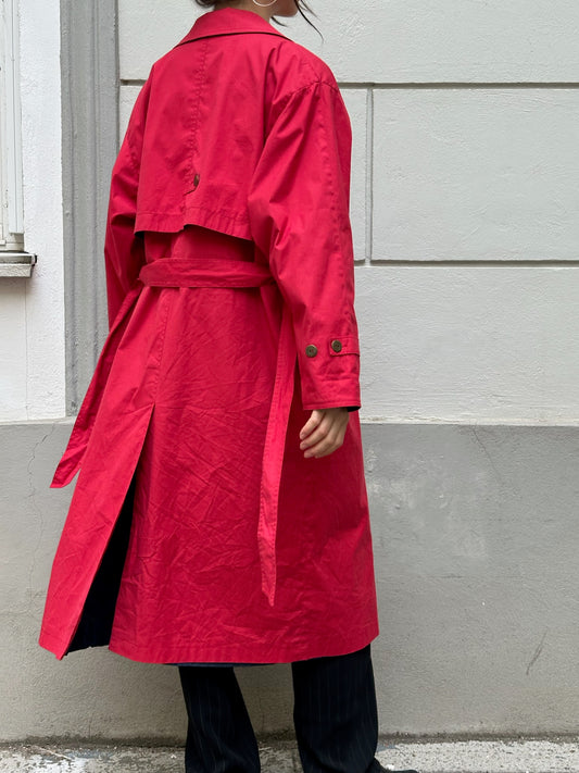 Vintage Bright Red Cotton Blend Trench Coat M