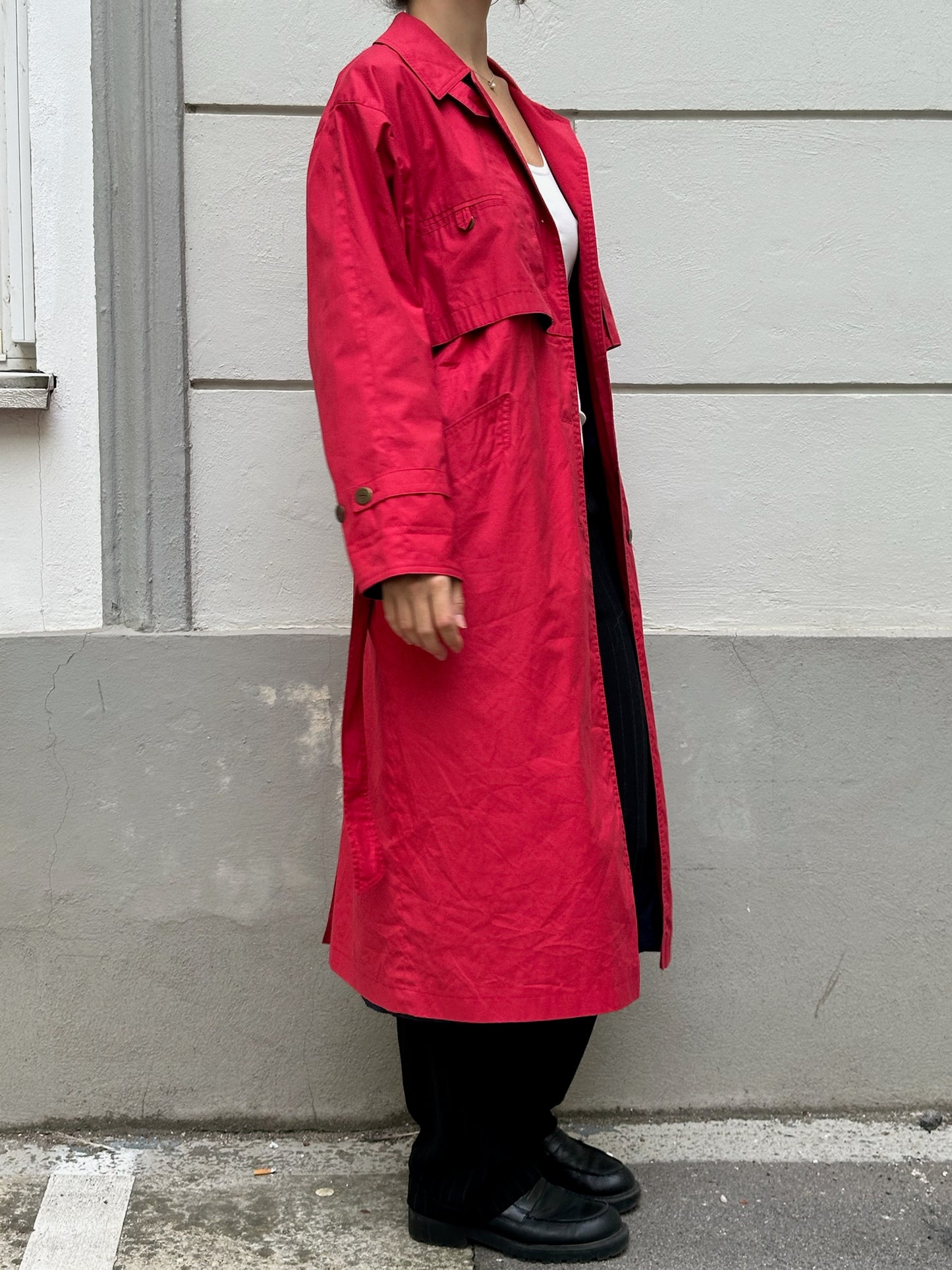 Vintage Bright Red Cotton Blend Trench Coat M
