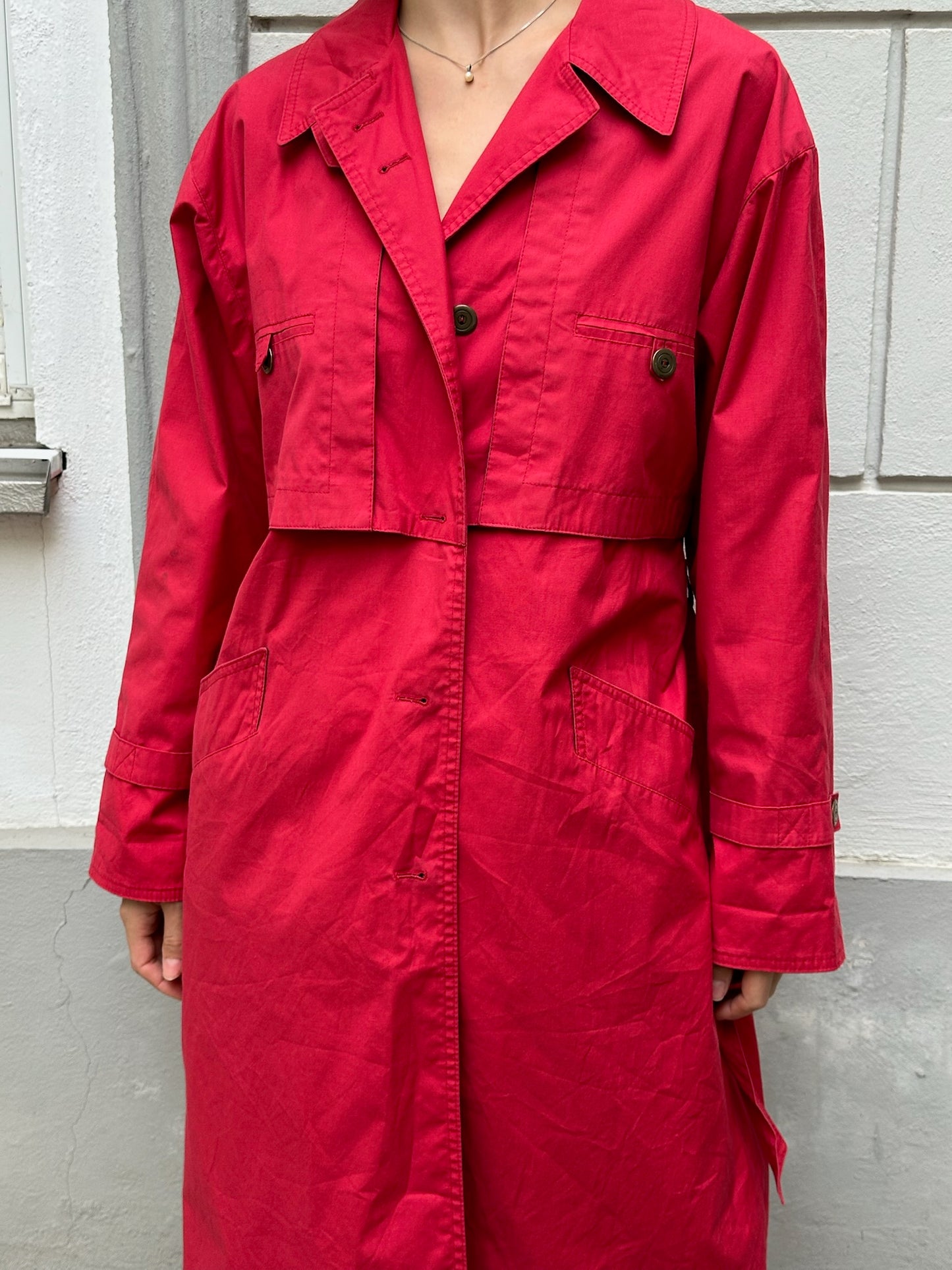 Vintage Bright Red Cotton Blend Trench Coat M
