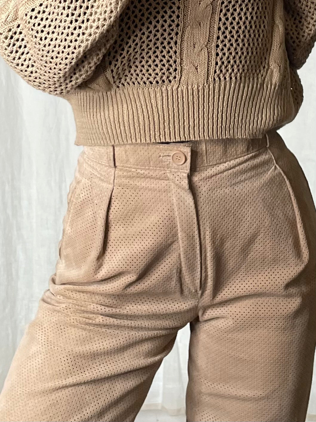 Vintage 100% Genuine Leather Beige High Waister Perforated Trousers XS EU 34