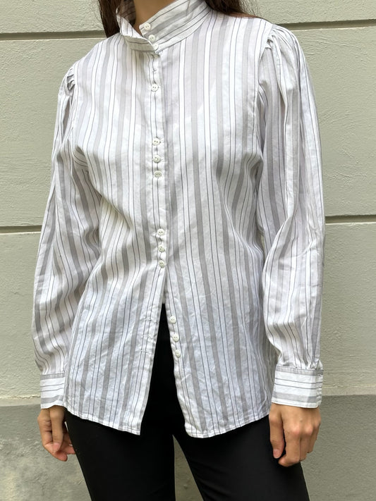 Vintage 100% Cotton White & Gray Stripe Long Sleeve Blouse S