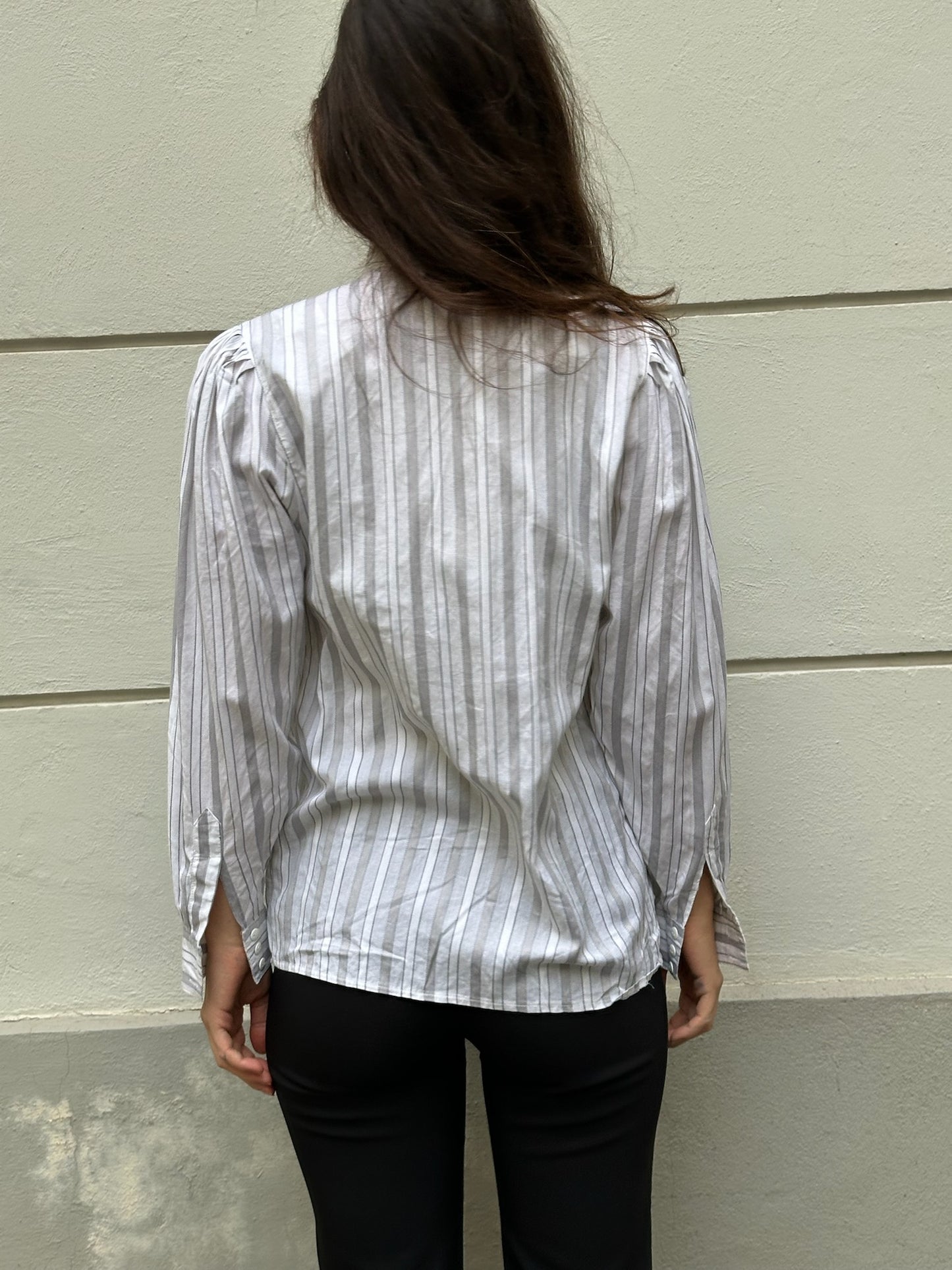 Vintage 100% Cotton White & Gray Stripe Long Sleeve Blouse S