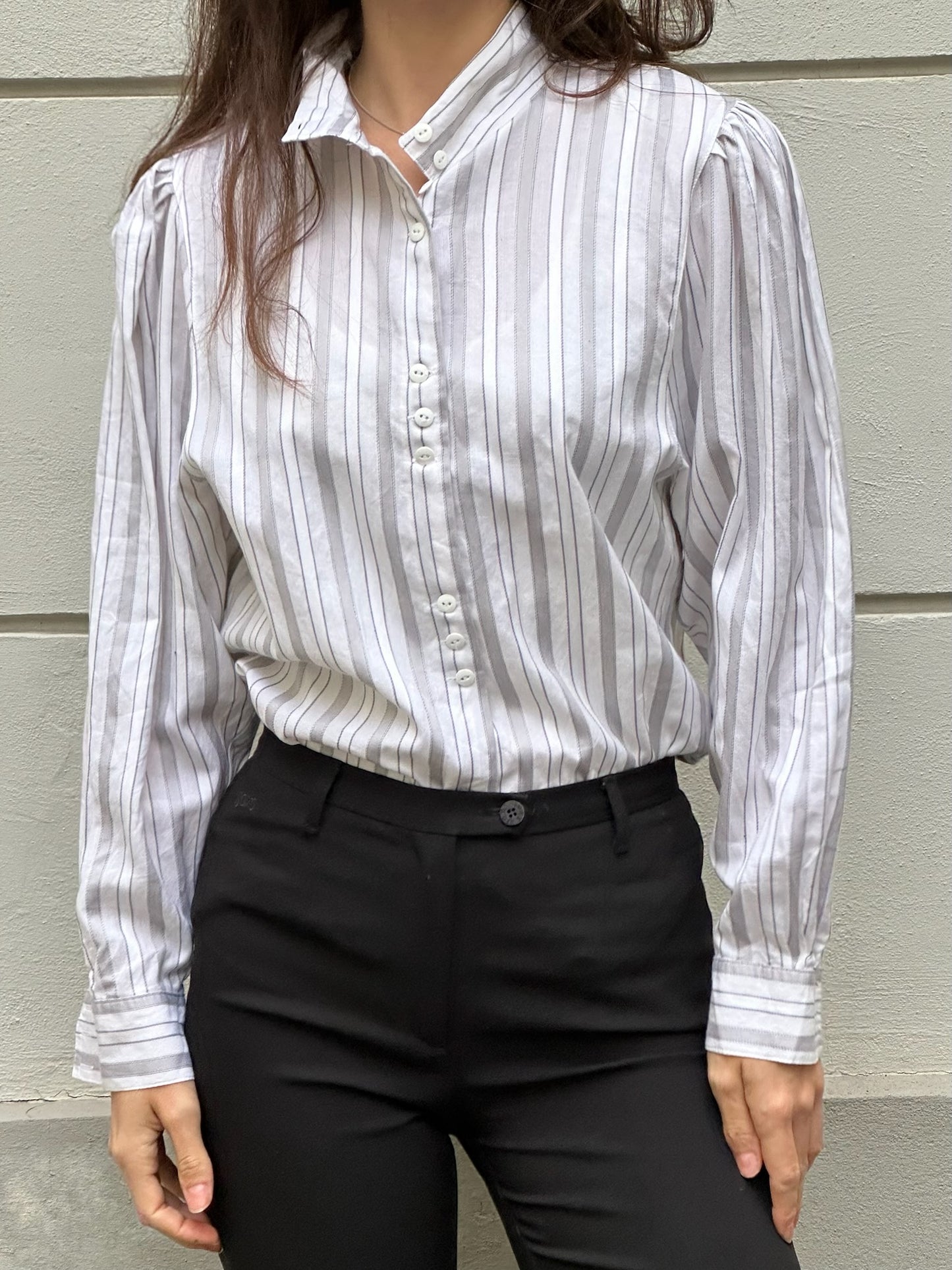 Vintage 100% Cotton White & Gray Stripe Long Sleeve Blouse S