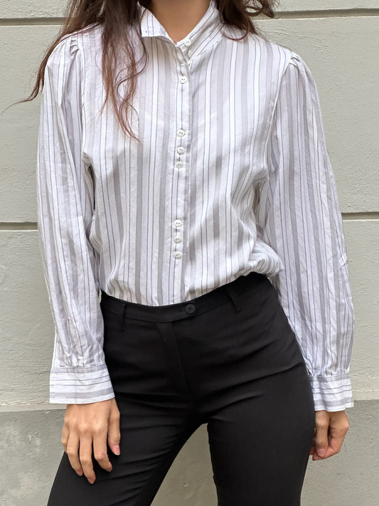 Vintage 100% Cotton White & Gray Stripe Long Sleeve Blouse S