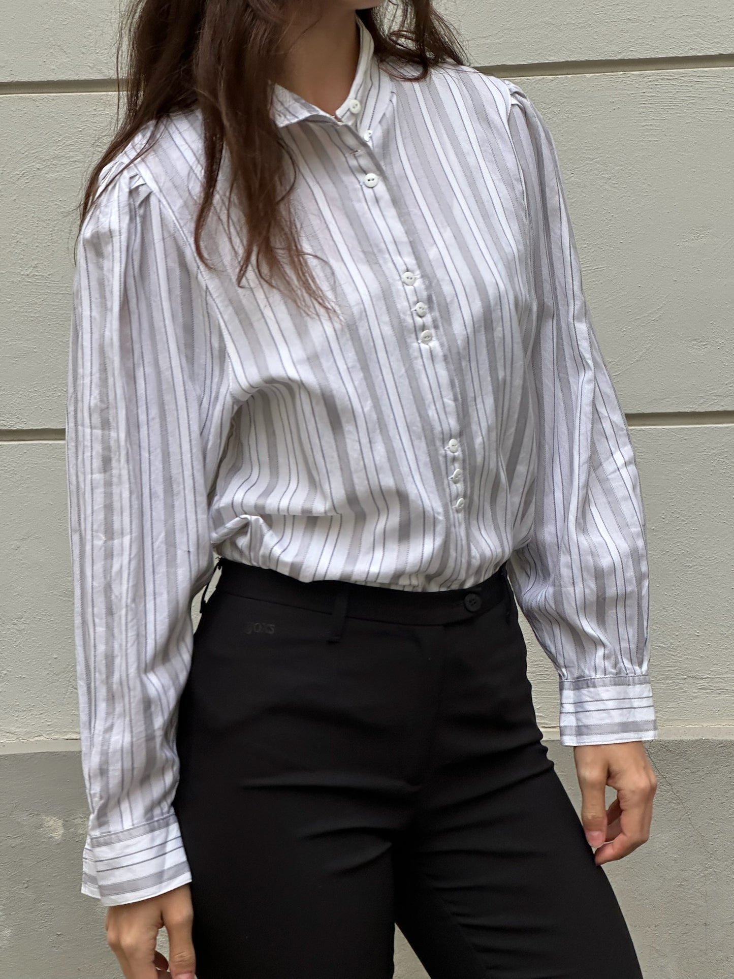 Vintage 100% Cotton White & Gray Stripe Long Sleeve Blouse S