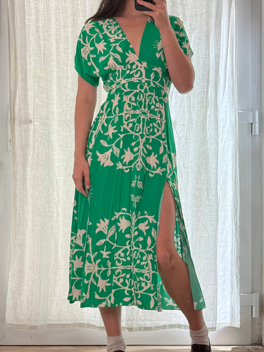Bright Green & White Printed Slit Midi Dress S
