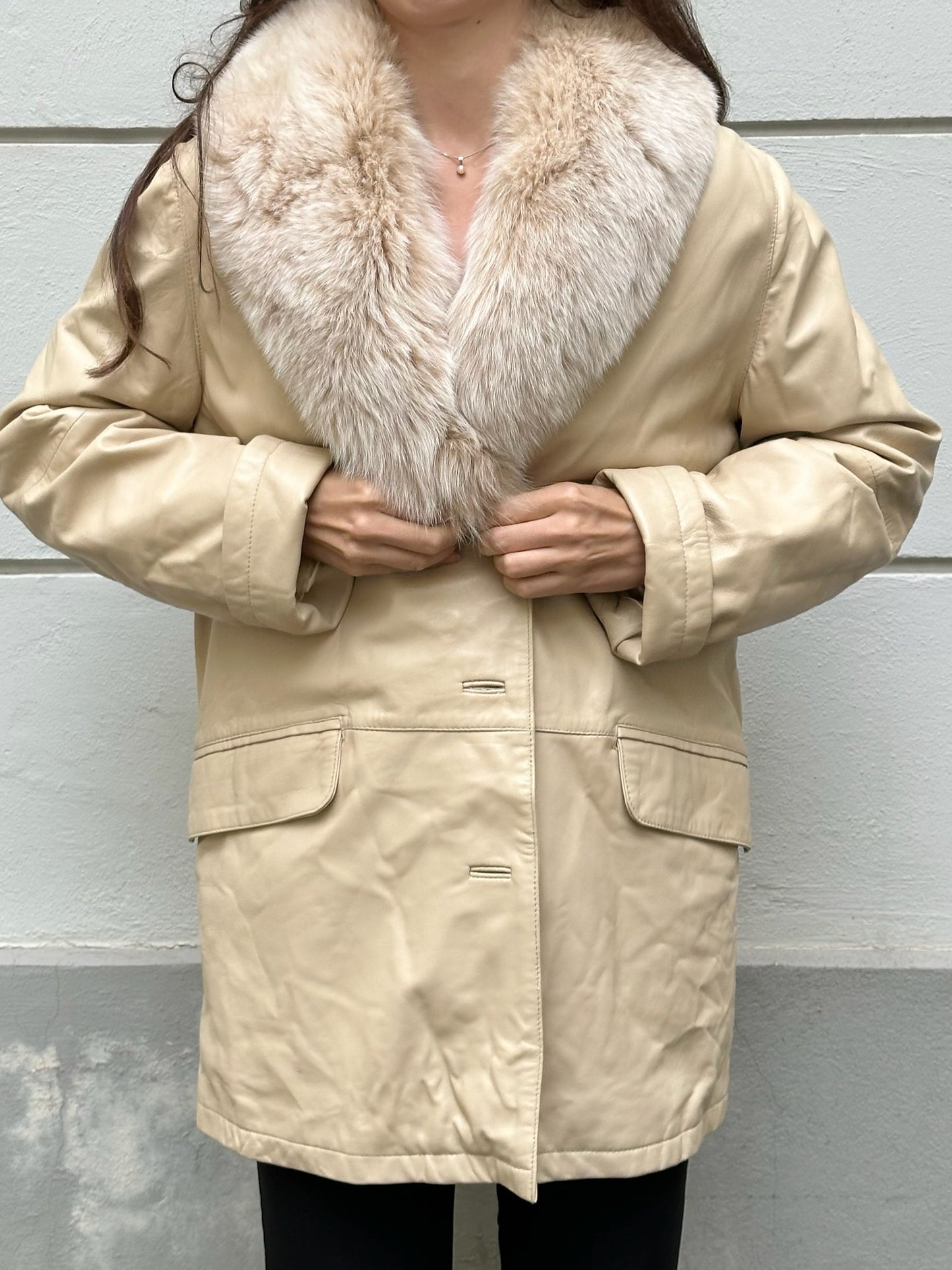 Vintage 100% Genuine Leather & Fur Trim Butter Yellow Jacket M/L