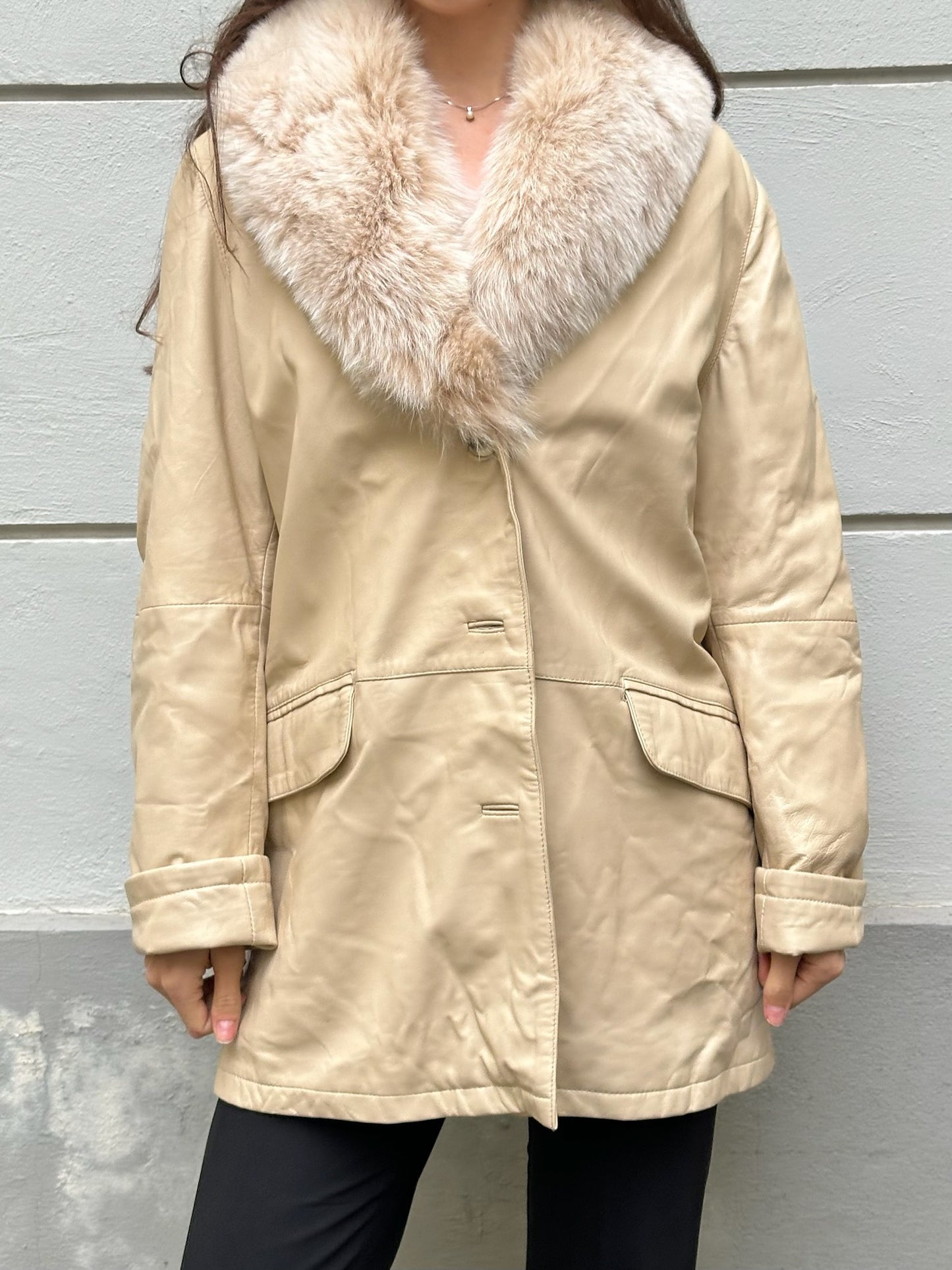 Vintage 100% Genuine Leather & Fur Trim Butter Yellow Jacket M/L