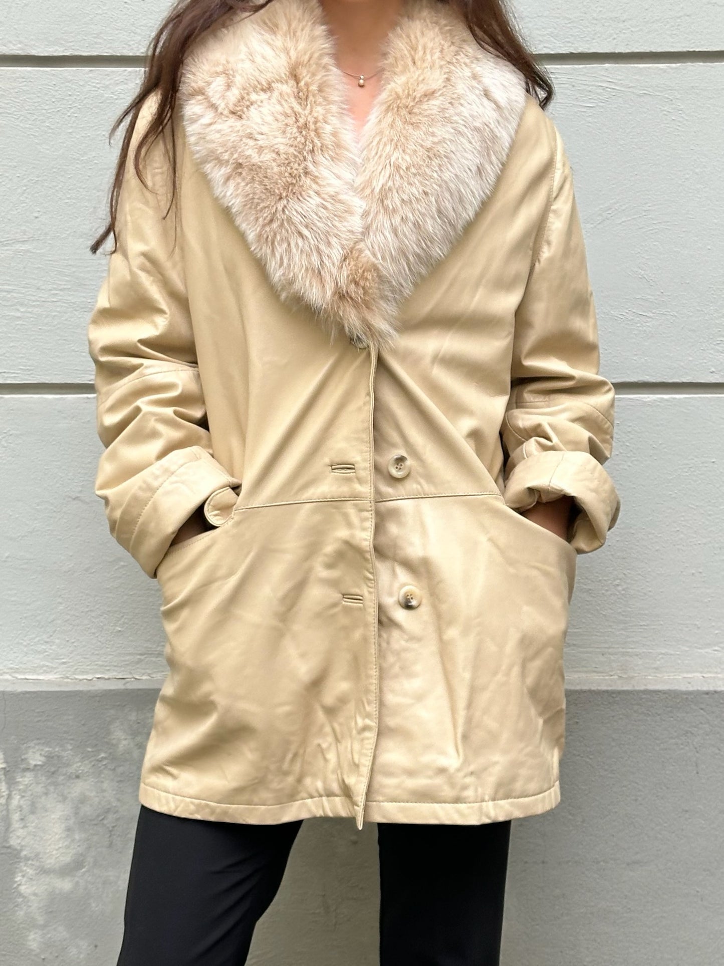 Vintage 100% Genuine Leather & Fur Trim Butter Yellow Jacket M/L