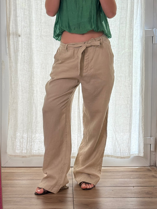 Vintage 100% Linen Beige Wide Leg Belted Trousers M/L EU 38/40