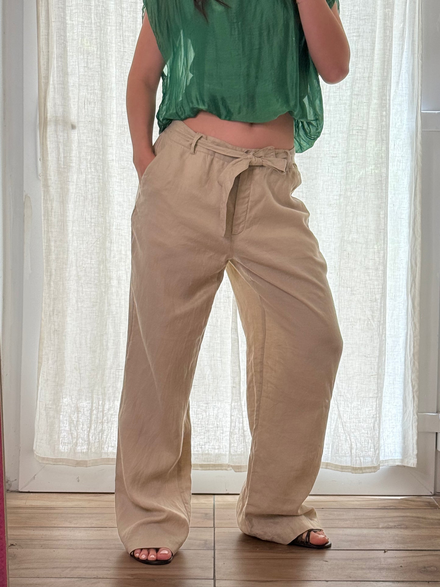 Vintage 100% Linen Beige Wide Leg Belted Trousers M/L EU 38/40