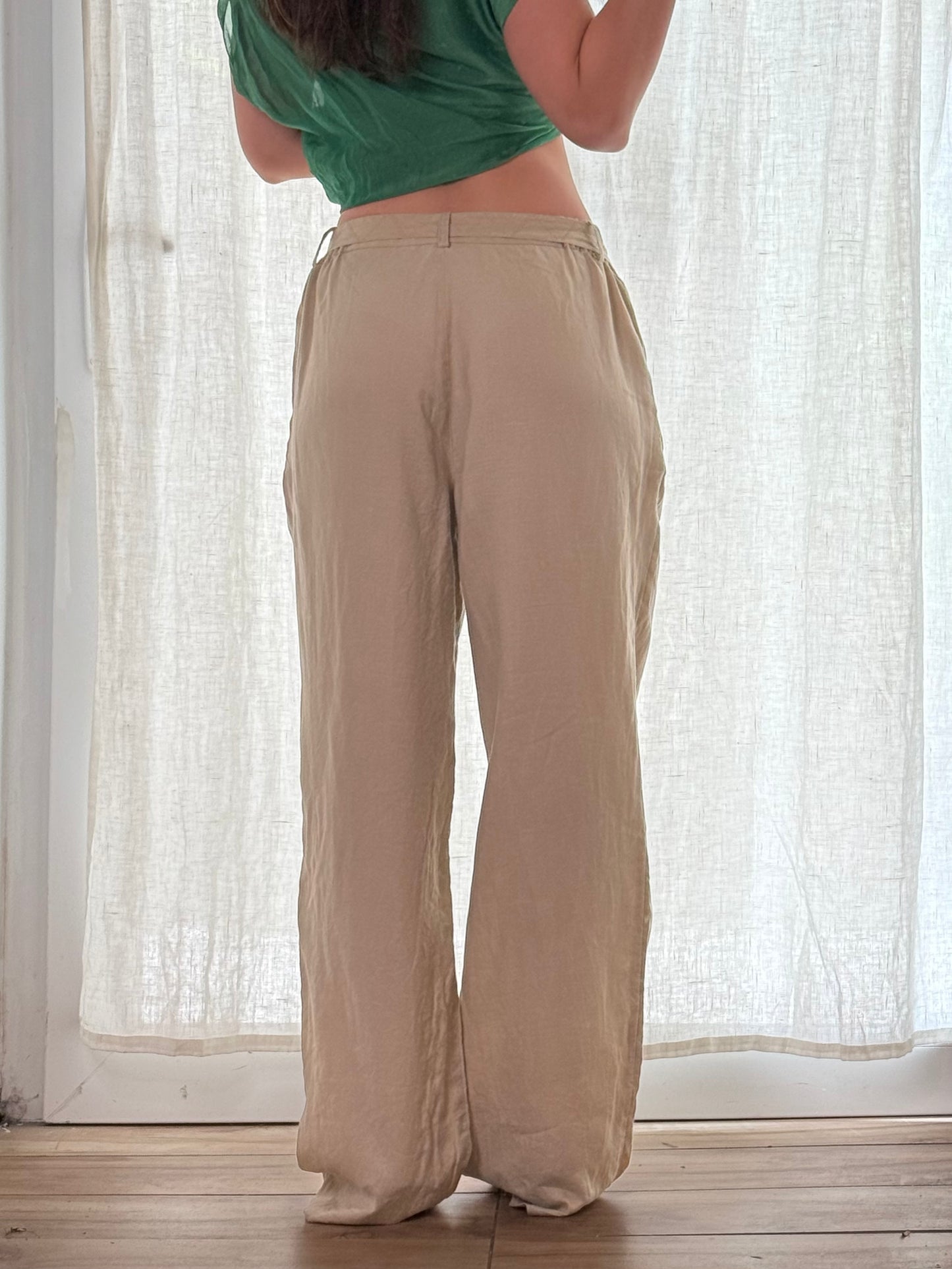 Vintage 100% Linen Beige Wide Leg Belted Trousers M/L EU 38/40