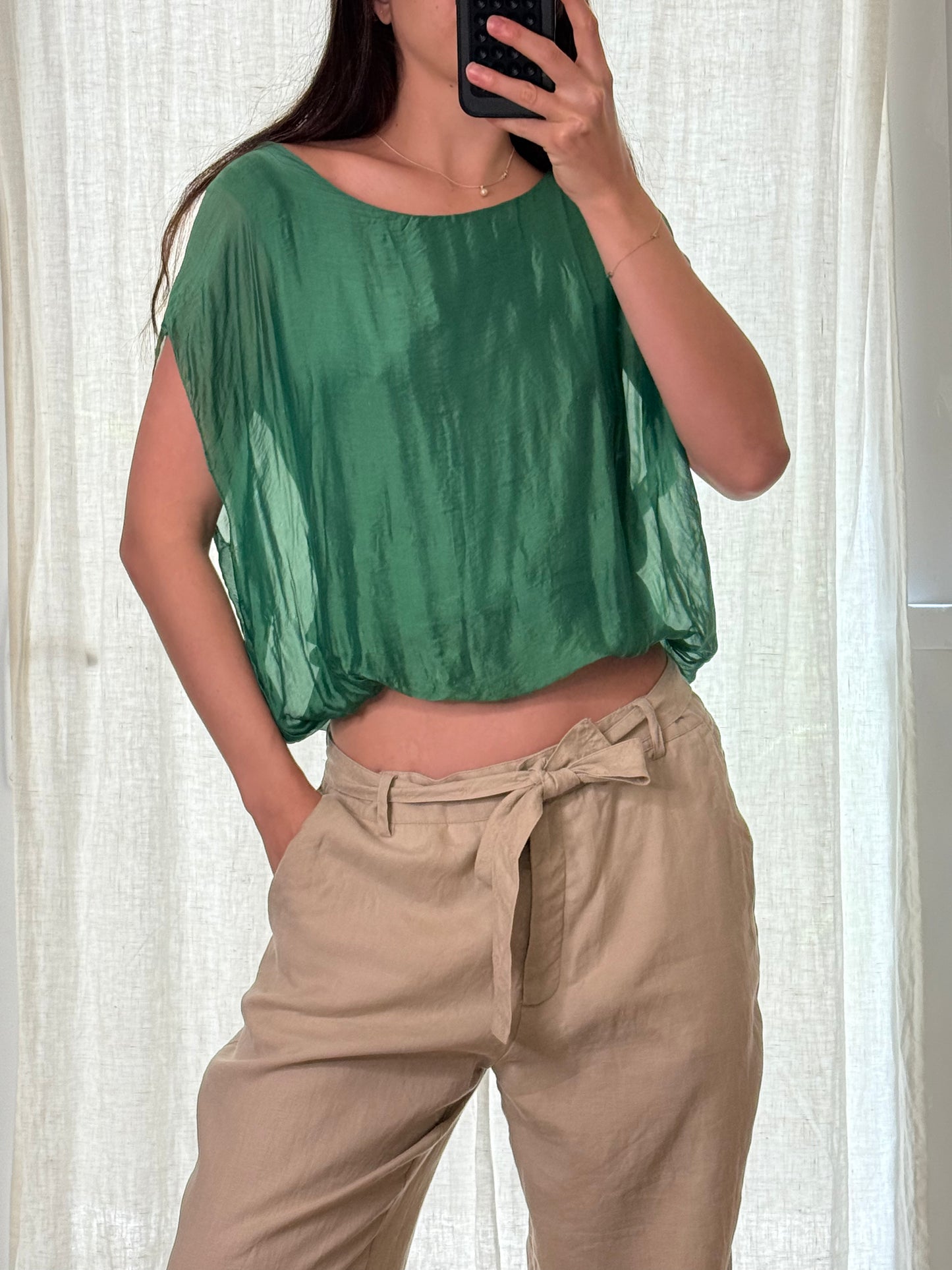 Emerald Green Silk Blend Bubble Hem Top S/M