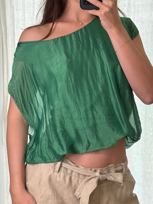 Emerald Green Silk Blend Bubble Hem Top S/M