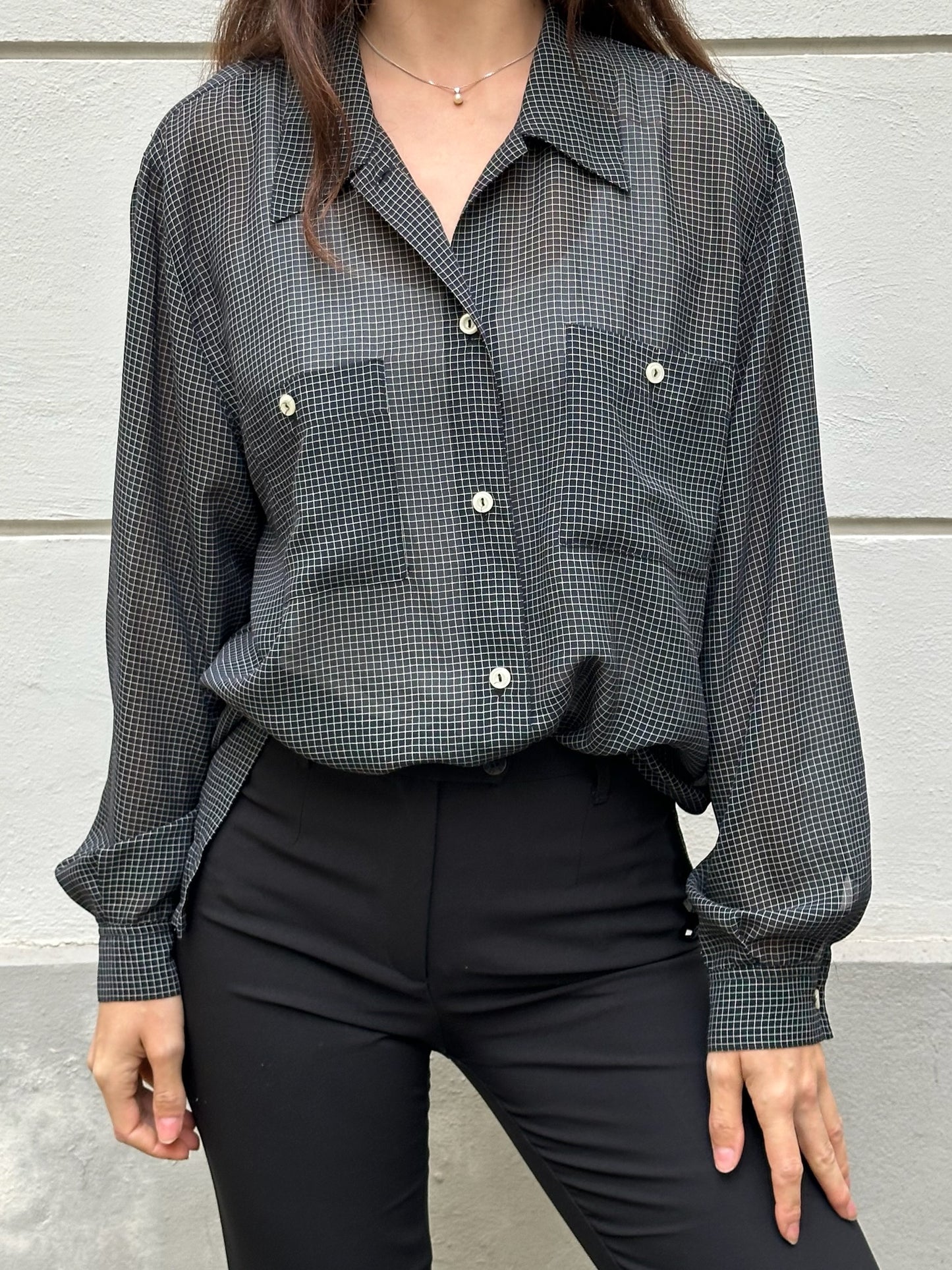 Vintage Black & White Windowpane Button Down Blouse M