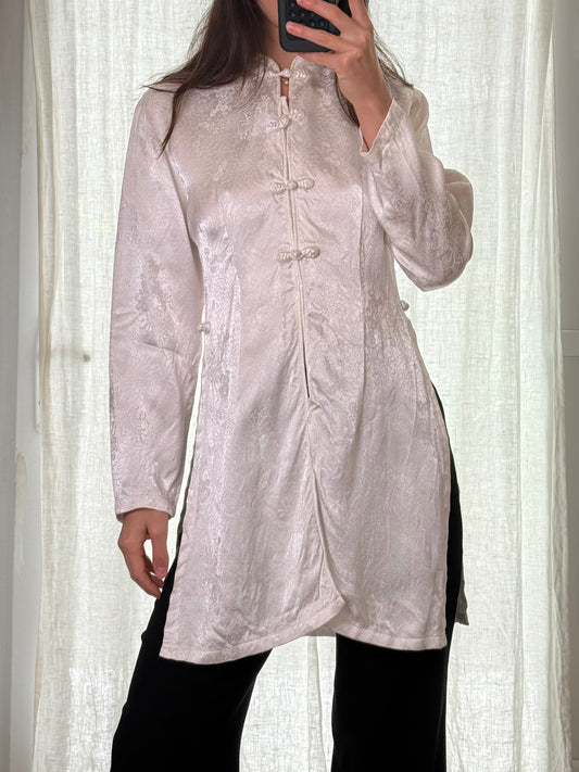 Vintage White 100% Viscose Asian Button Down Slit Long Sleeve Blouse M