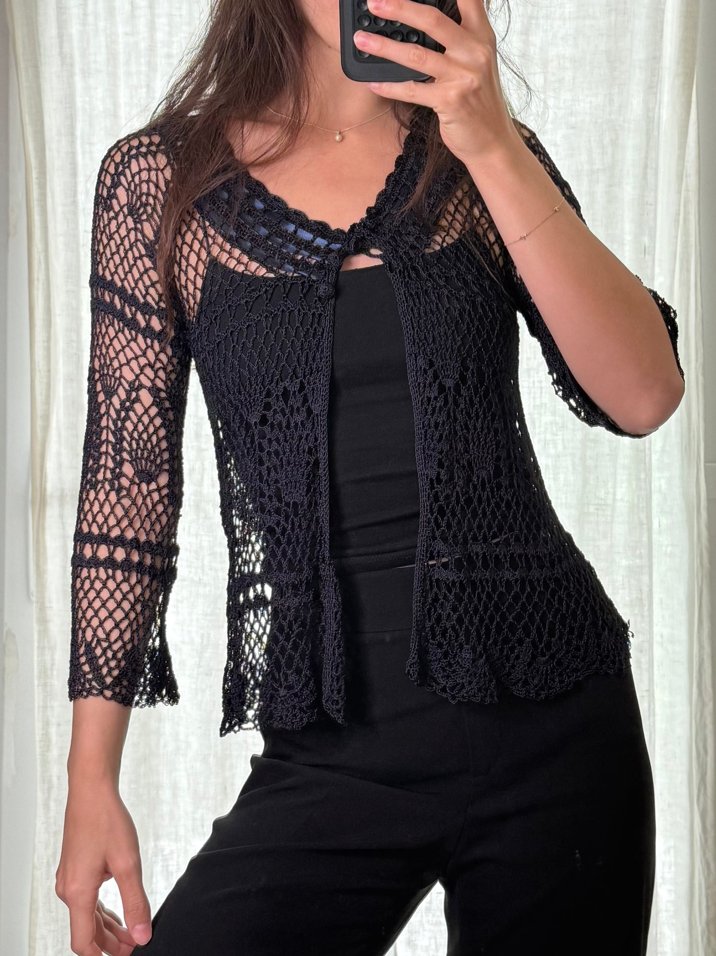 Vintage Knitted Navy Blue Crochet Cardigan S