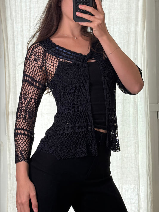 Vintage Knitted Navy Blue Crochet Cardigan S