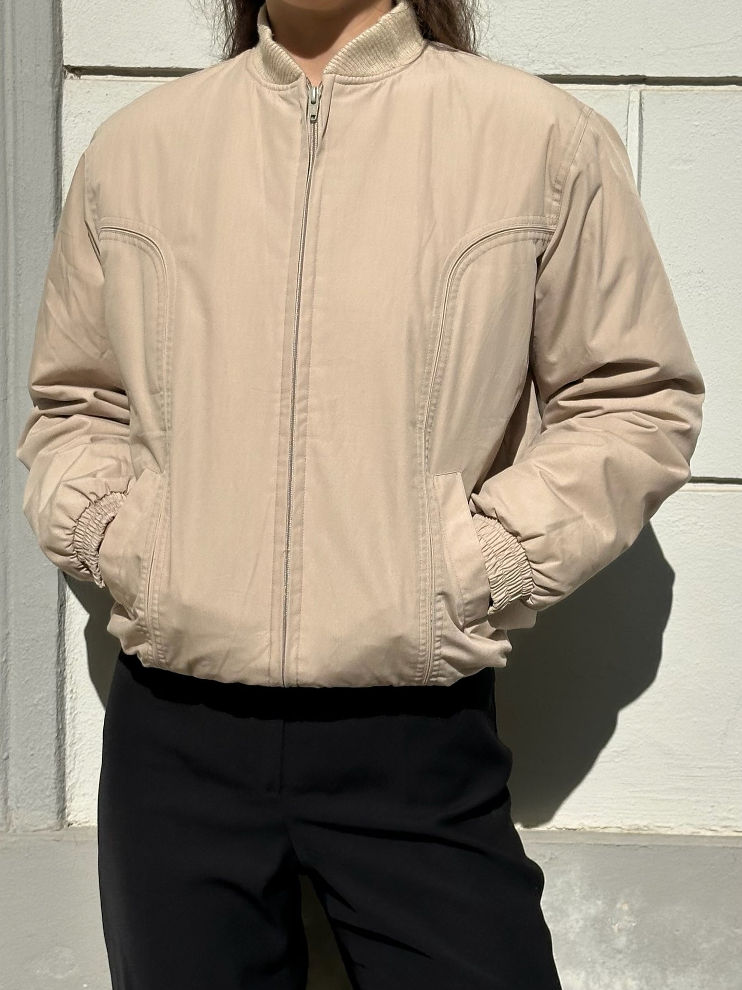 Vintage Cotton Blend Beige Bomber Jacket S