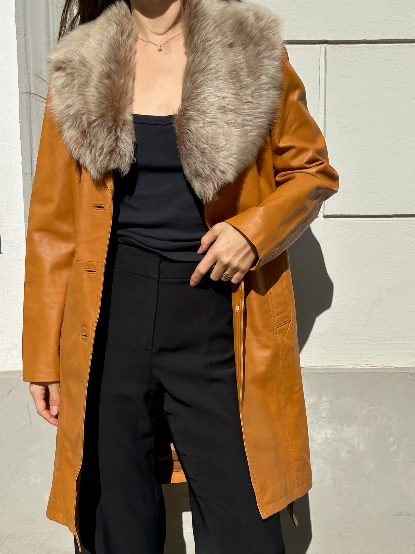 Vintage 100% Genuine Leather & Fur Trim Belted Caramel Coat S/M