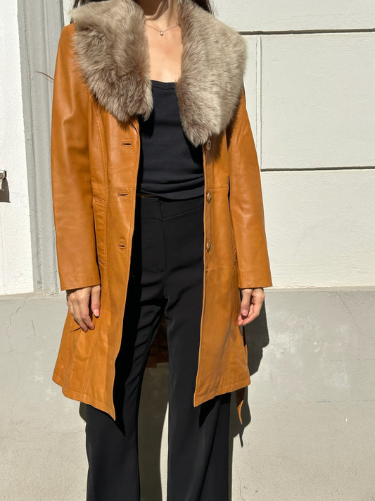 Vintage 100% Genuine Leather & Fur Trim Belted Caramel Coat S/M