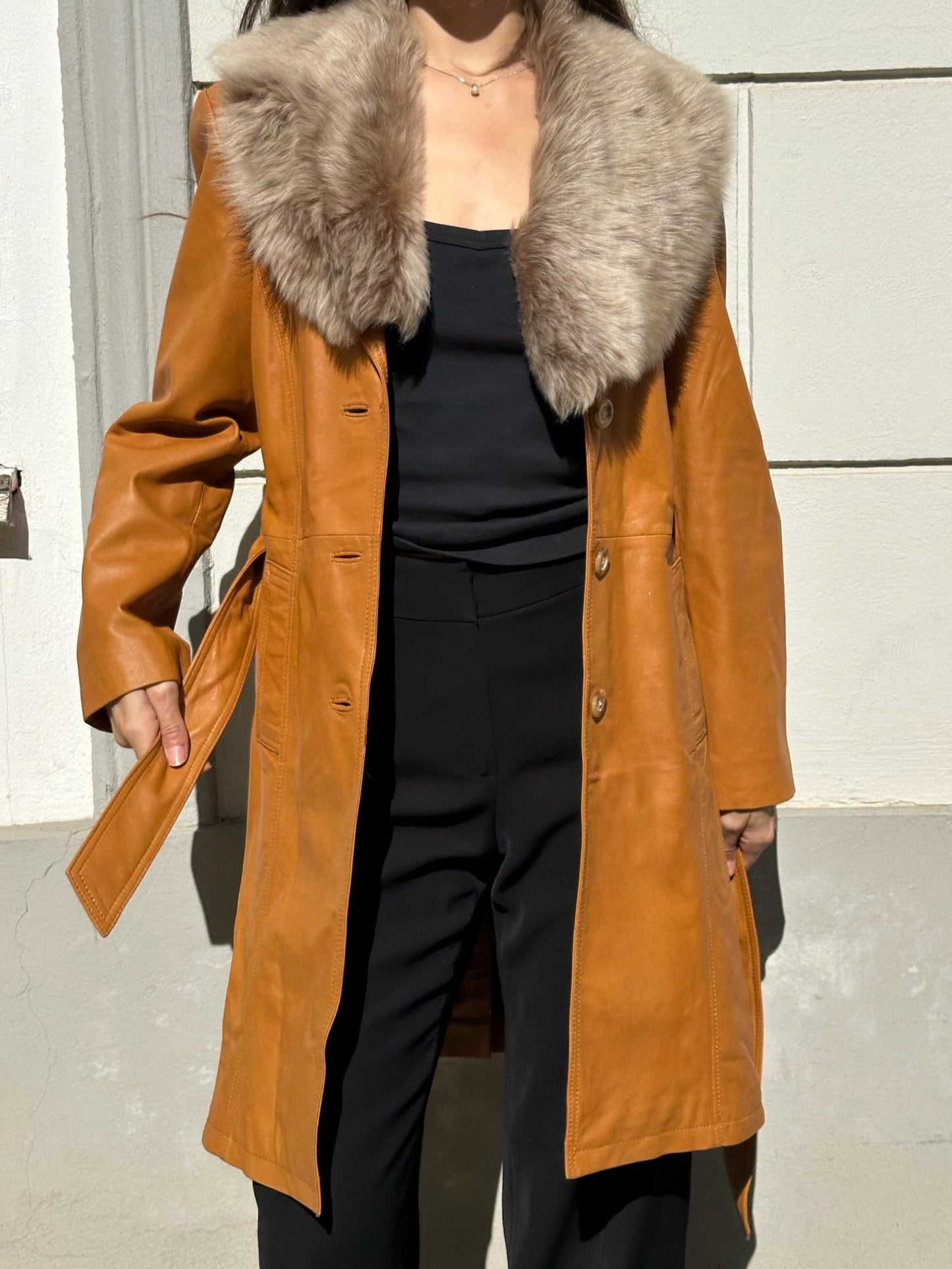 Vintage 100% Genuine Leather & Fur Trim Belted Caramel Coat S/M