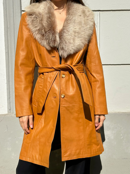 Vintage 100% Genuine Leather & Fur Trim Belted Caramel Coat S/M