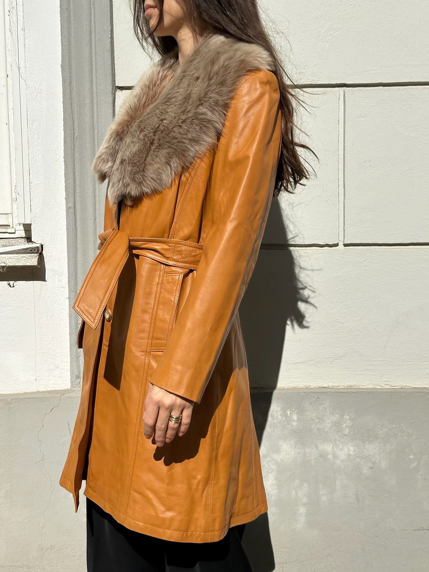 Vintage 100% Genuine Leather & Fur Trim Belted Caramel Coat S/M