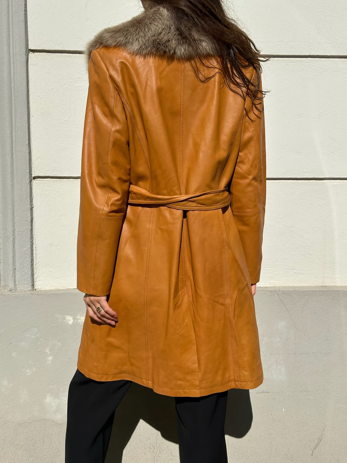 Vintage 100% Genuine Leather & Fur Trim Belted Caramel Coat S/M