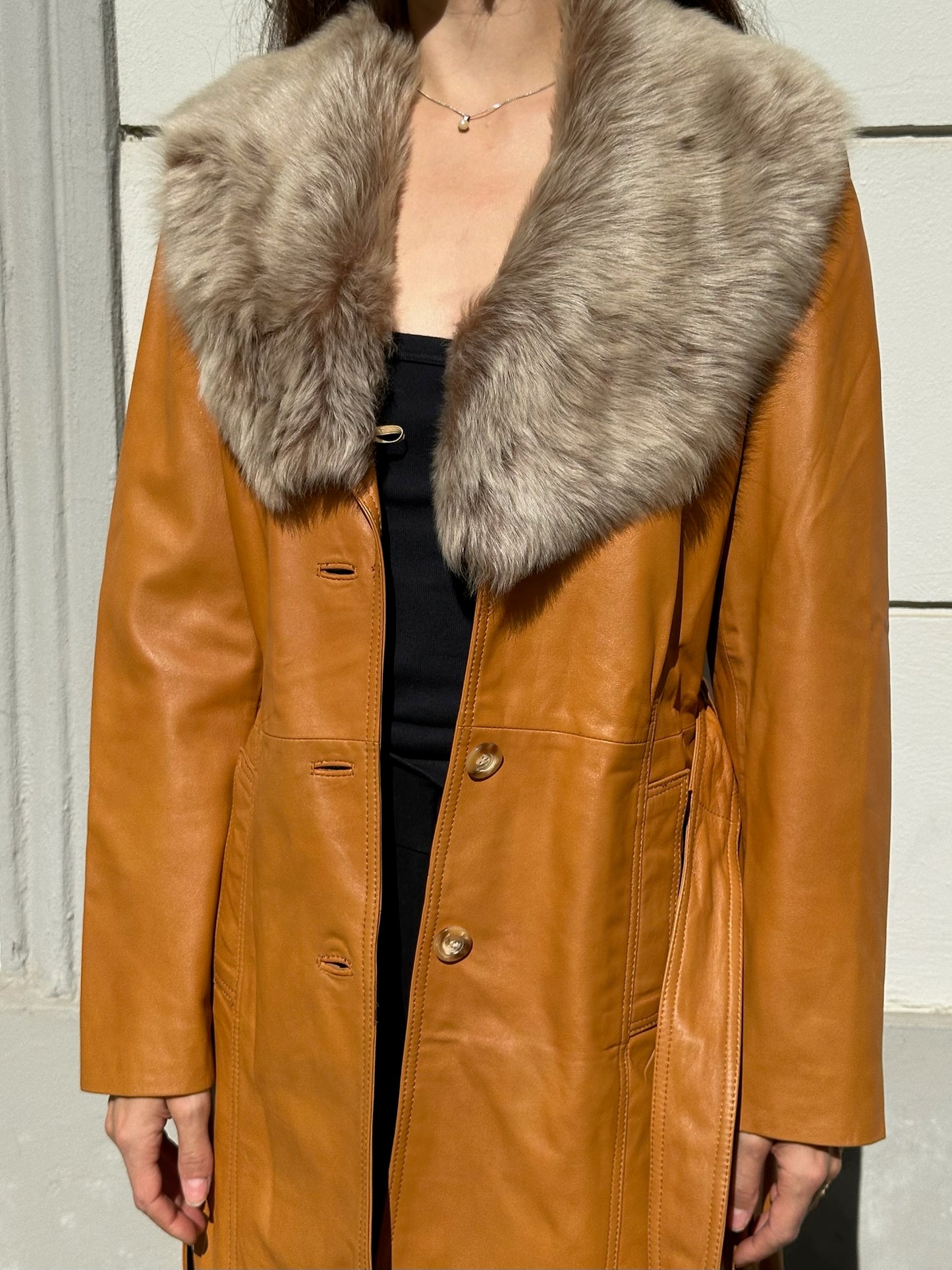 Vintage 100% Genuine Leather & Fur Trim Belted Caramel Coat S/M