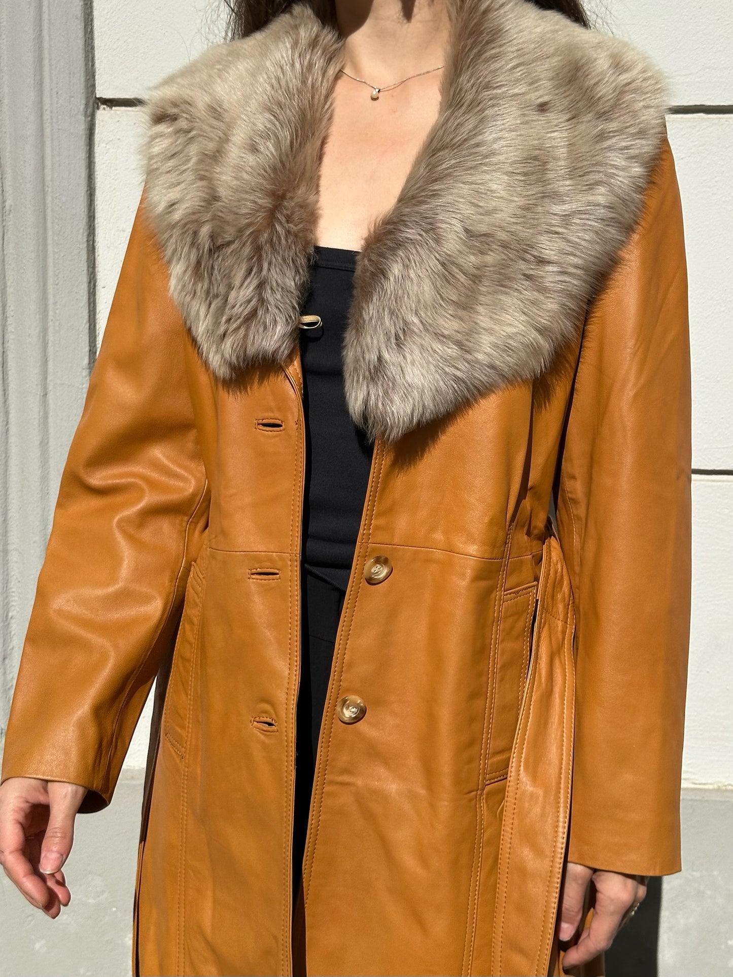 Vintage 100% Genuine Leather & Fur Trim Belted Caramel Coat S/M