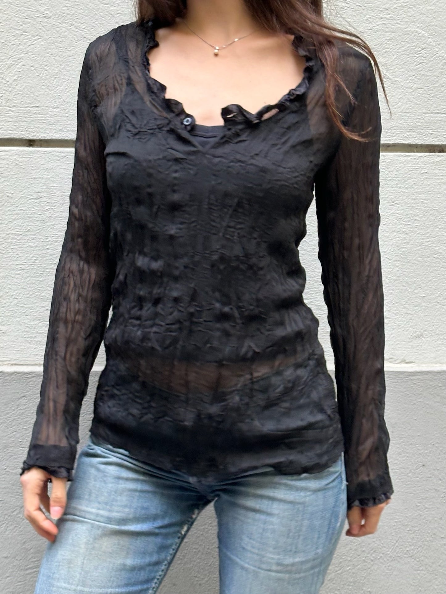 Vintage Black Crinkly Long Sleeve Top S/M