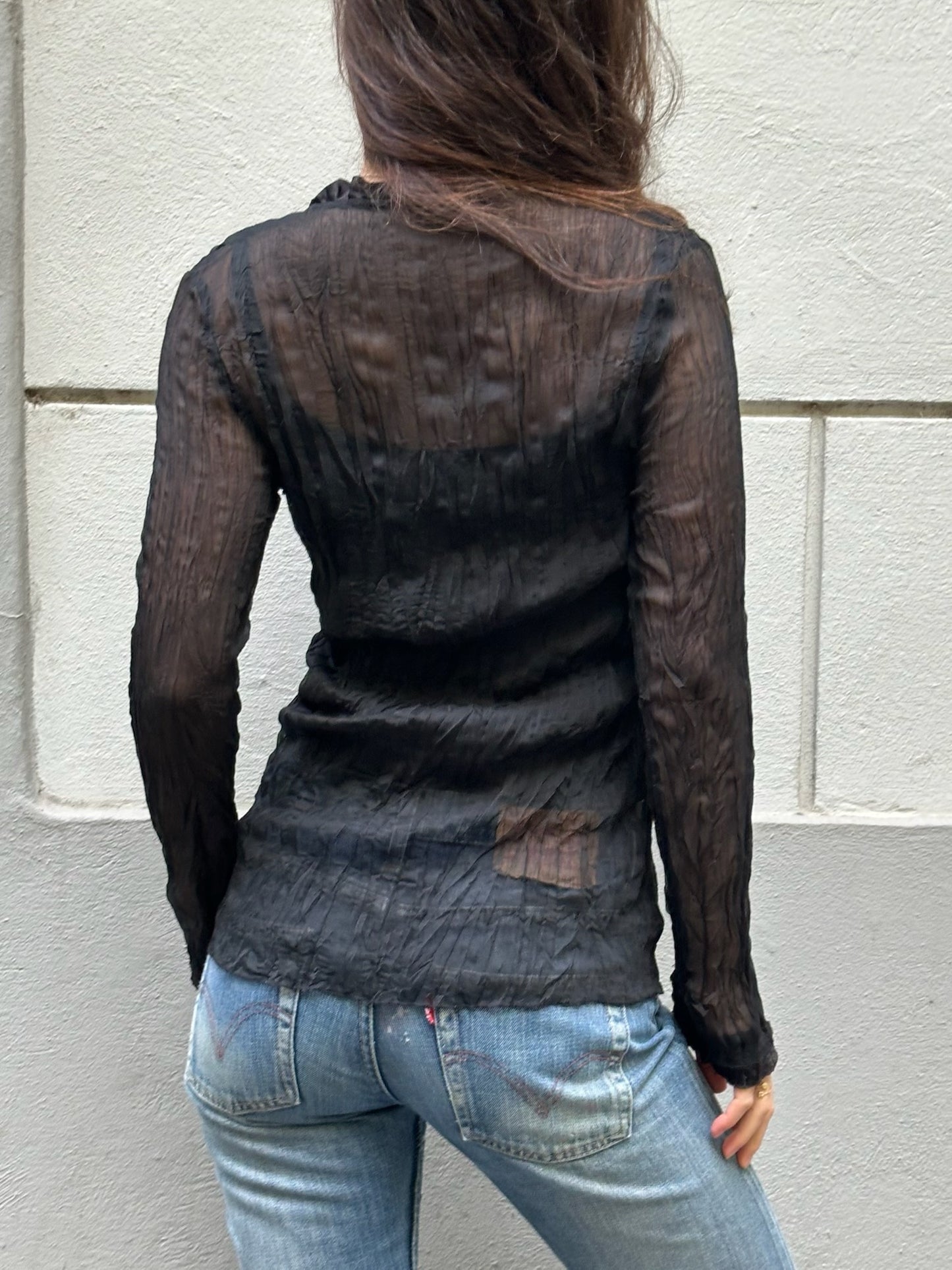 Vintage Black Crinkly Long Sleeve Top S/M