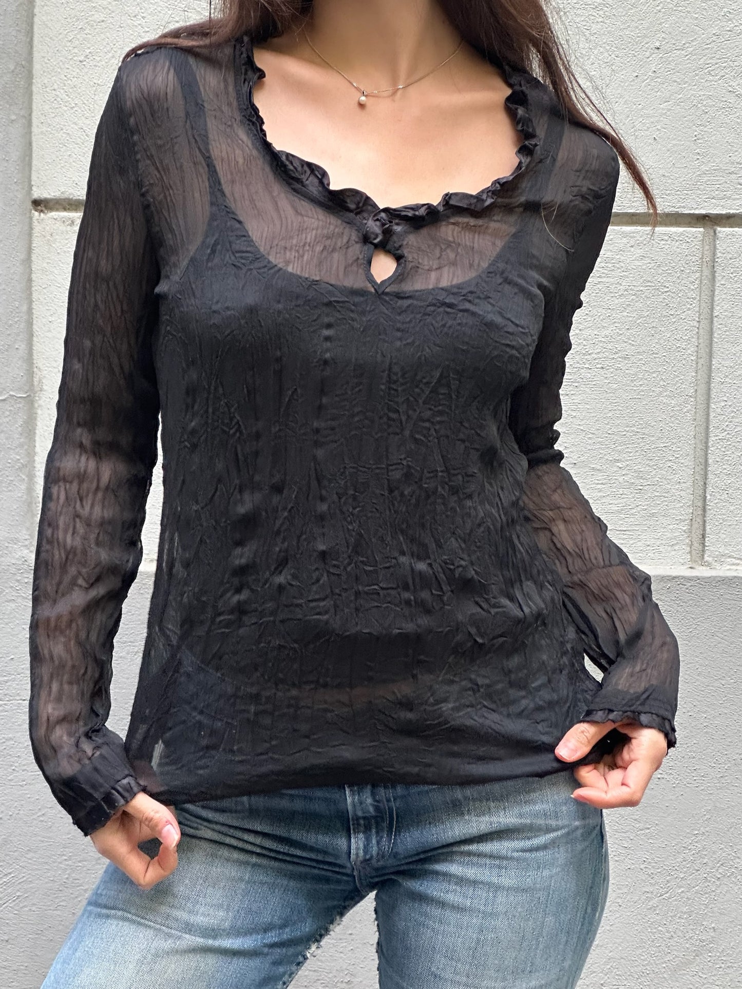 Vintage Black Crinkly Long Sleeve Top S/M