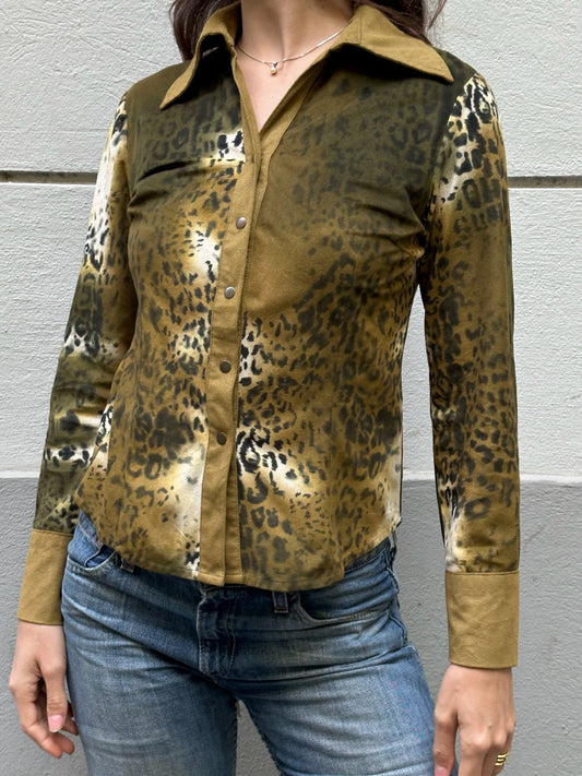 Vintage Viscose Blend Leopard/Cheetah Long Sleeve Button Down Blouse S