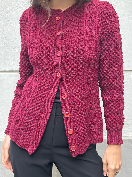 Vintage Burgundy Wool Handknit Cardigan Sweater S