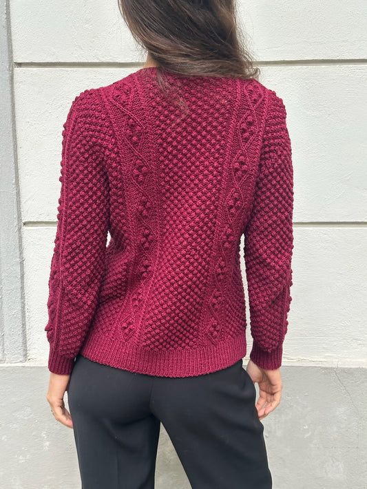 Vintage Burgundy Wool Handknit Cardigan Sweater S