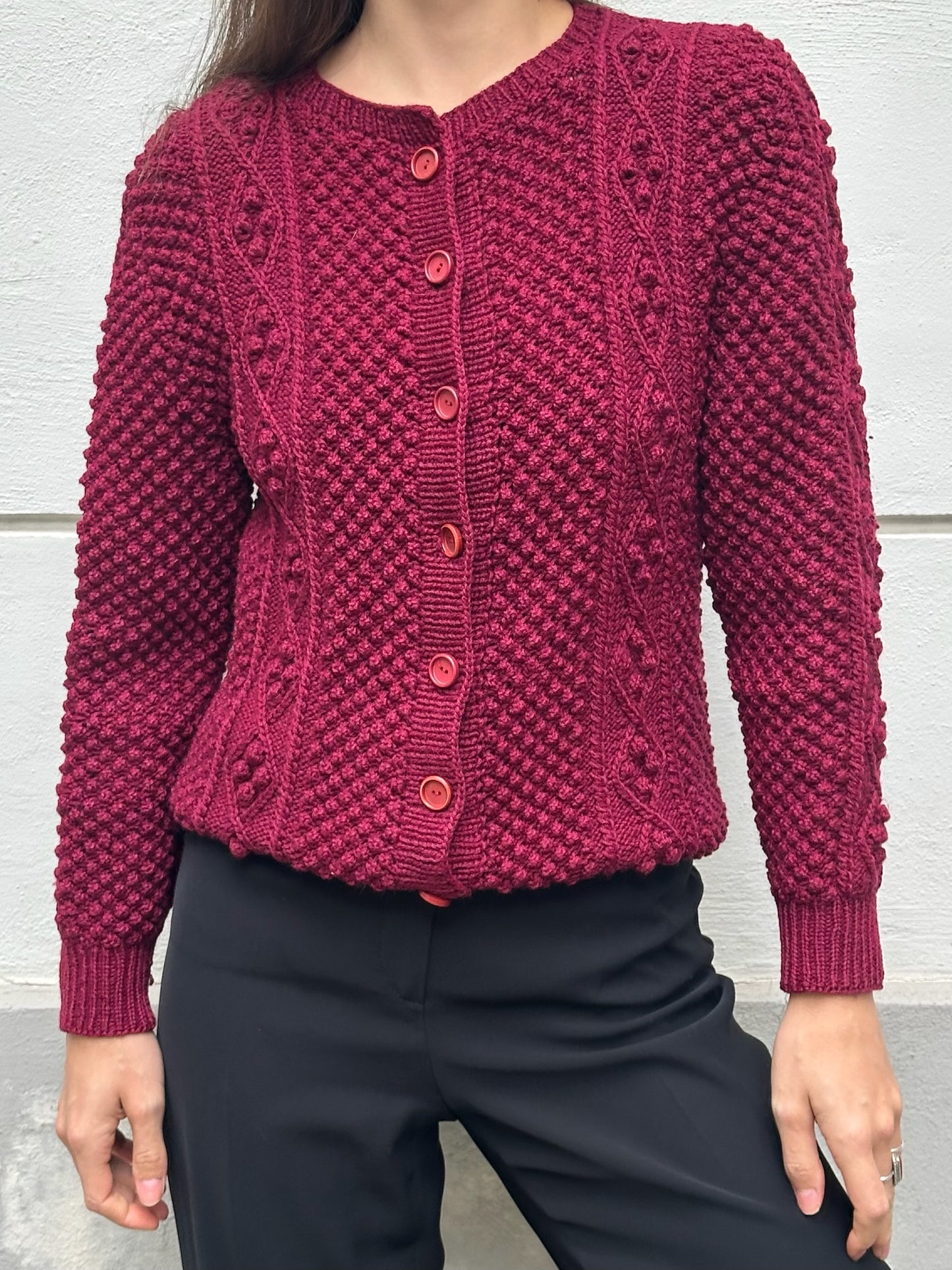 Vintage Burgundy Wool Handknit Cardigan Sweater S