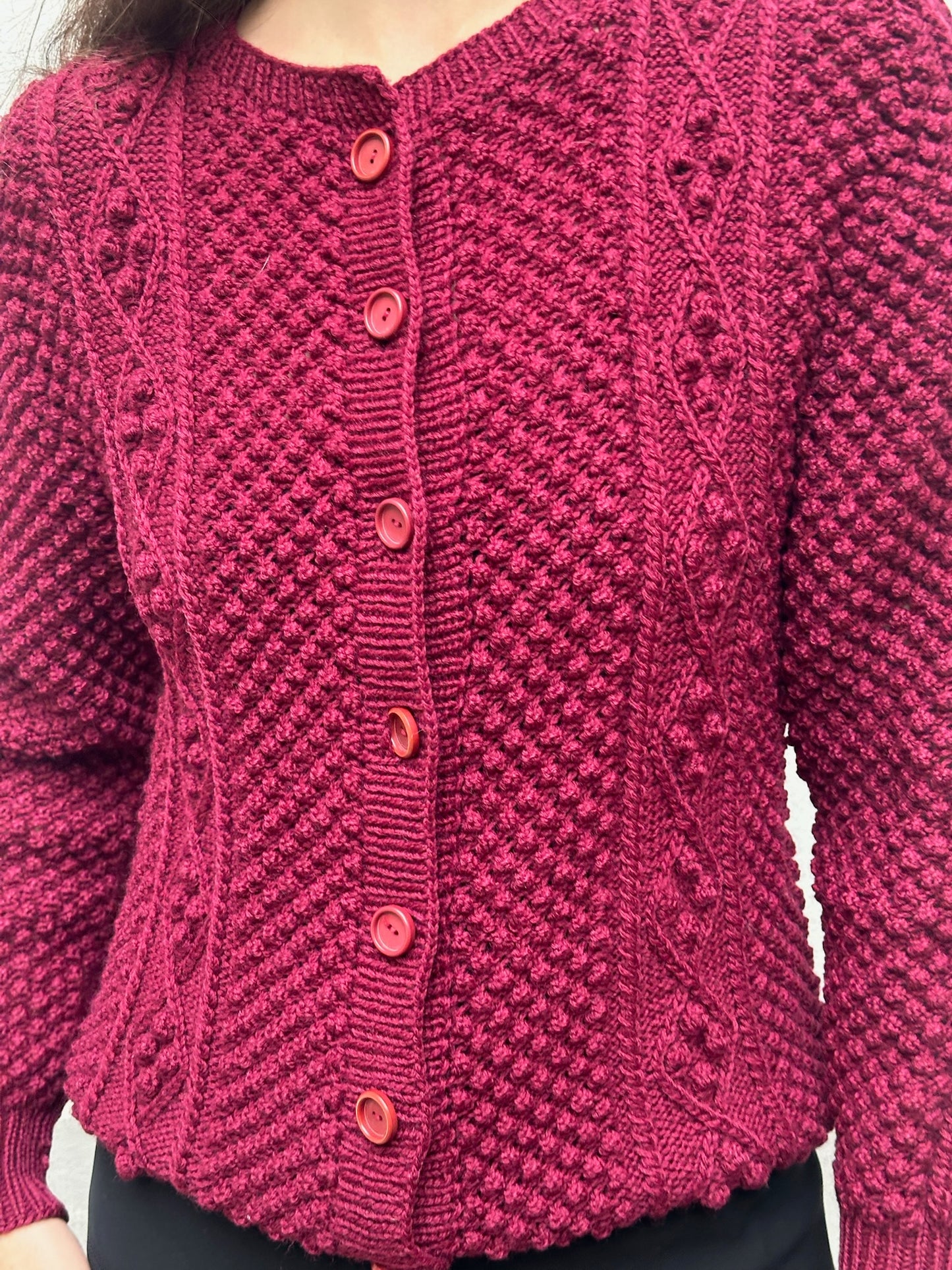 Vintage Burgundy Wool Handknit Cardigan Sweater S