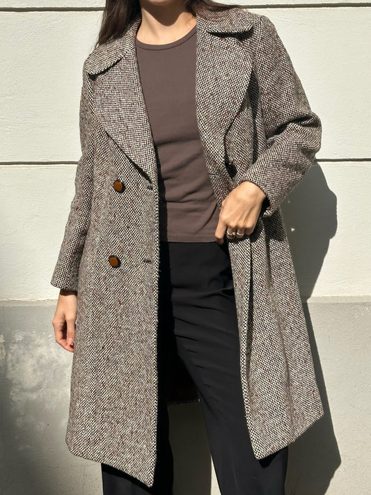 Vintage 100% Wool Tweed Coat Brown/Gray M