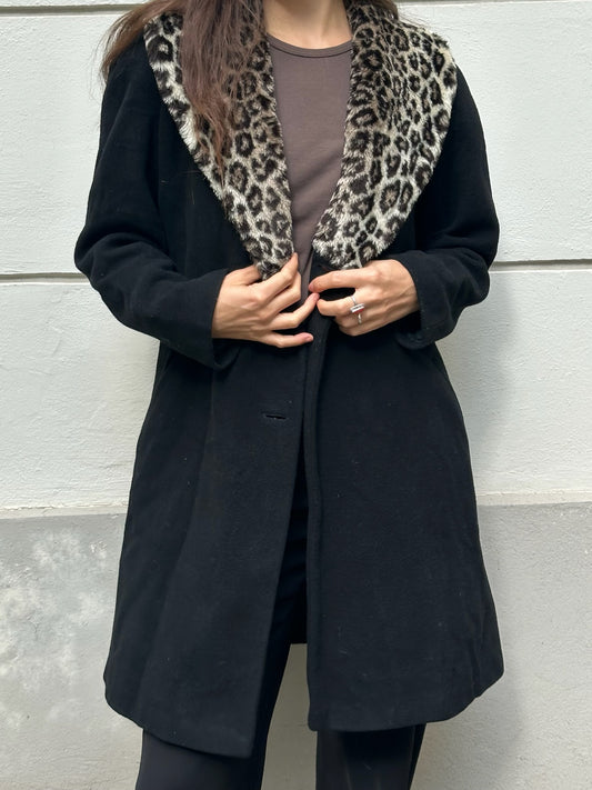 Vintage Black & Cheetah Print Wool Coat M