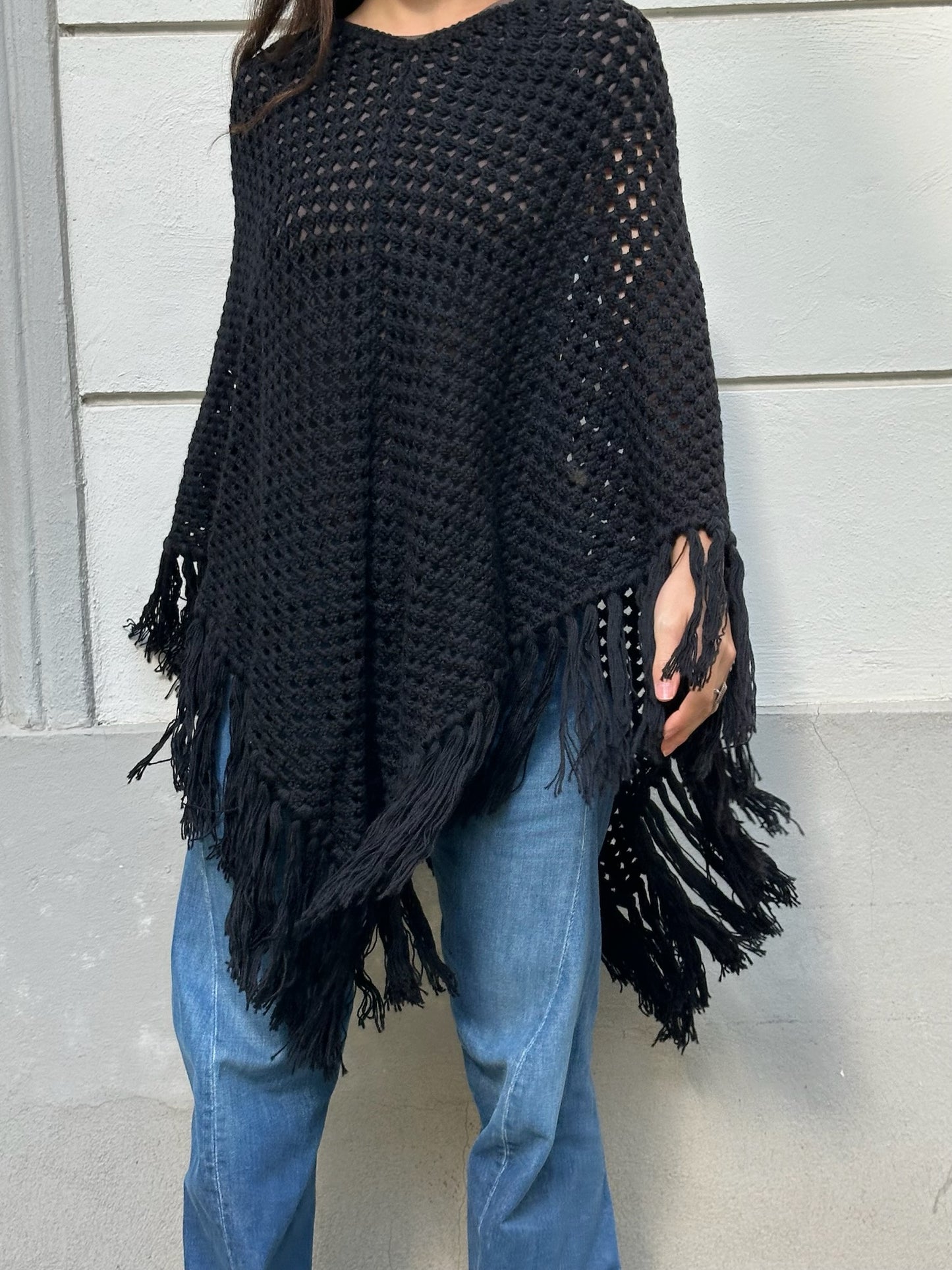 Black Wool Blend Fringe/Tassel Poncho One Size