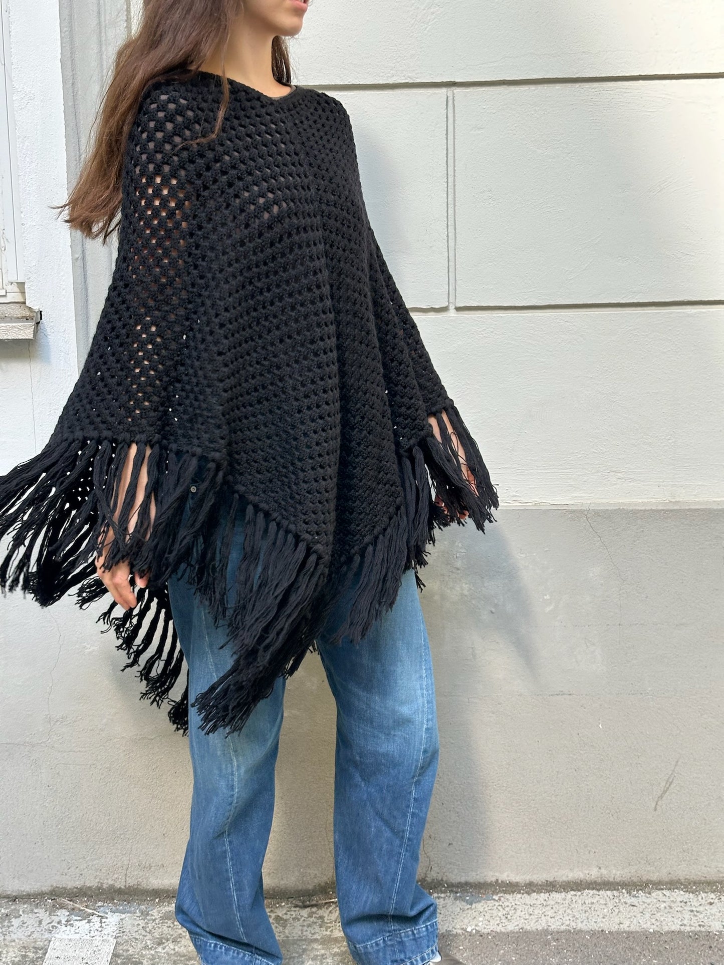 Black Wool Blend Fringe/Tassel Poncho One Size