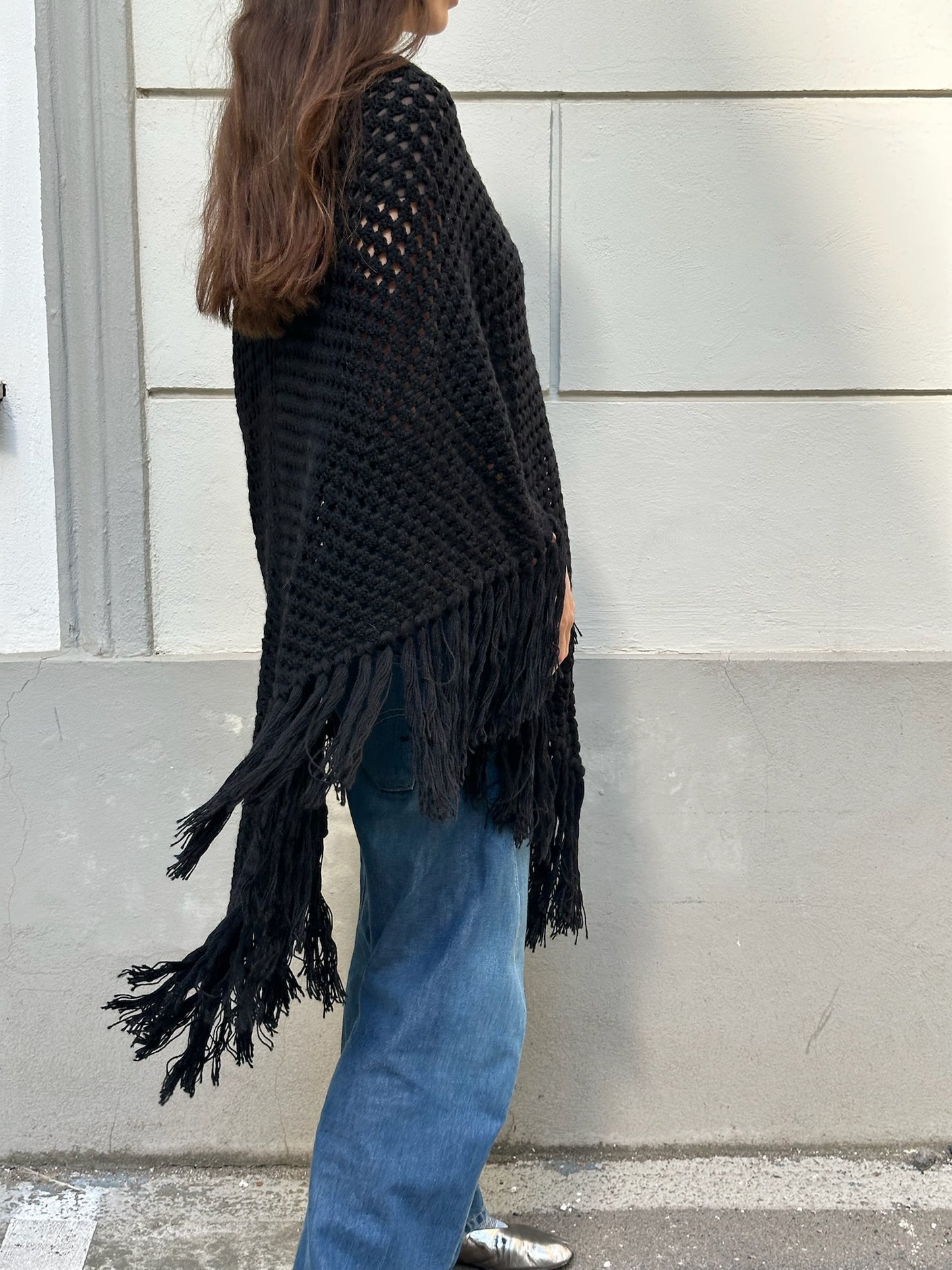 Black Wool Blend Fringe/Tassel Poncho One Size