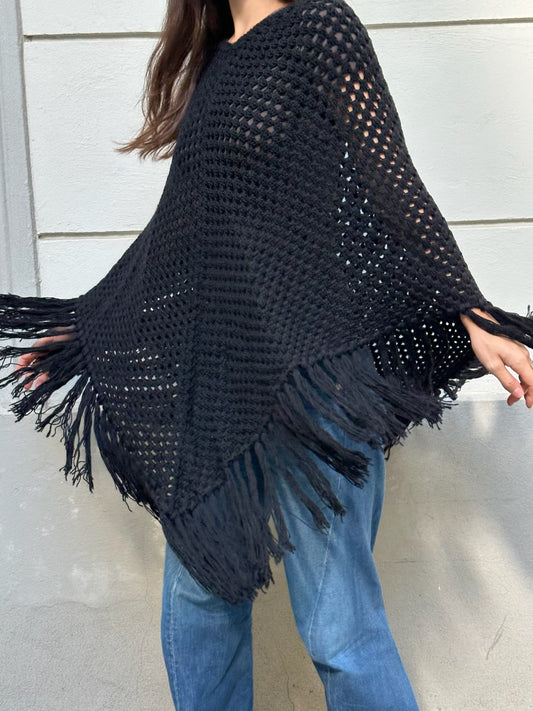 Black Wool Blend Fringe/Tassel Poncho One Size