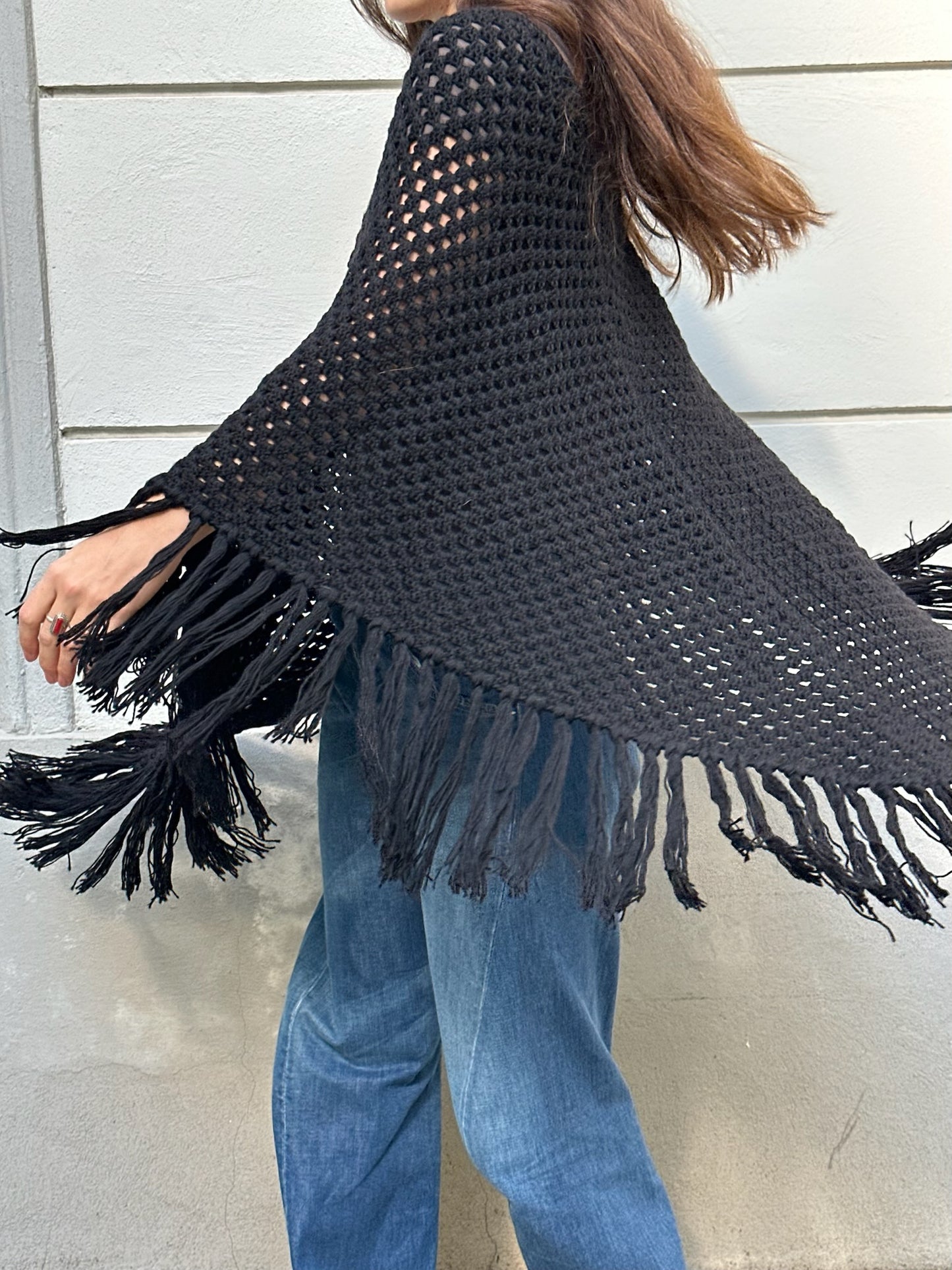Black Wool Blend Fringe/Tassel Poncho One Size