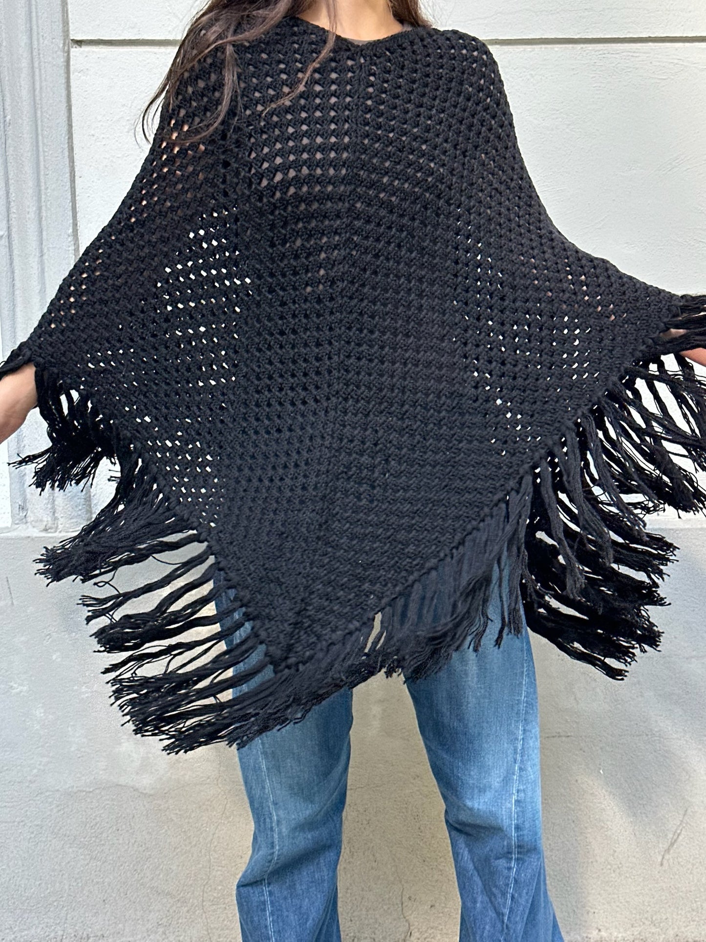 Black Wool Blend Fringe/Tassel Poncho One Size