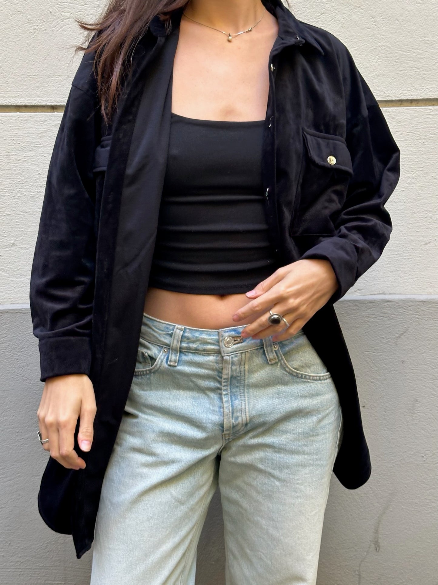 Vintage Velvet Black Button Down Shirt Jacket M/L