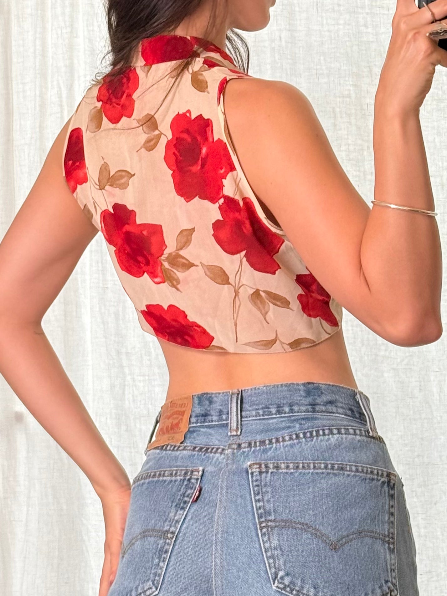 Vintage Red & Beige Floral Cropped Viscose Tie Front Top XS/S